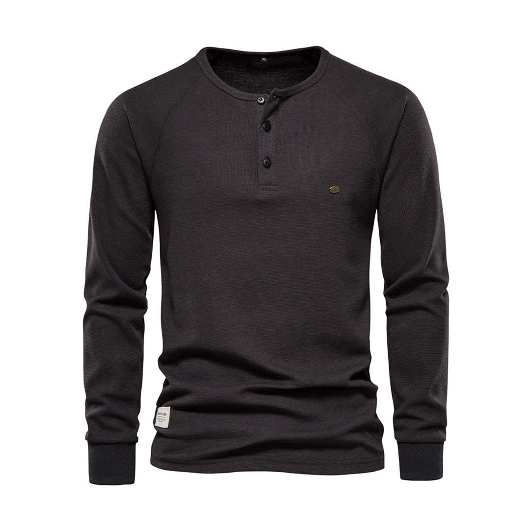 Dunkelgraues Herren-Henley-Shirt, Langarm, Baumwolle, Knopfleiste, lässig, modisch.