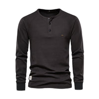 Dunkelgraues Herren-Henley-Shirt, Langarm, Baumwolle, Knopfleiste, lässig, modisch.