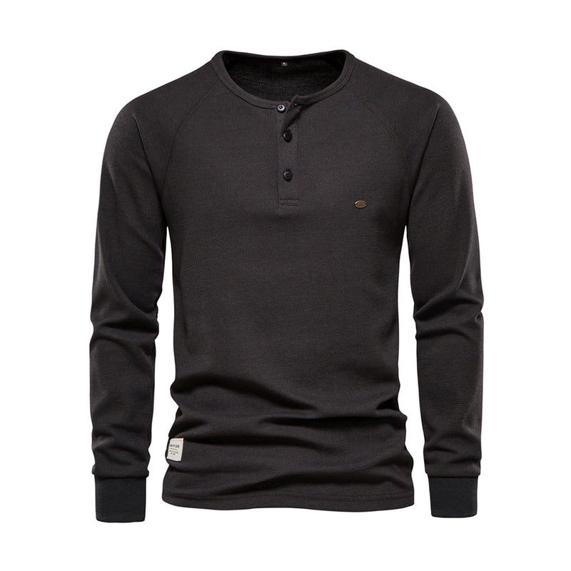 Dunkelgraues Herren-Henley-Shirt, Langarm, Baumwolle, Knopfleiste, lässig, modisch.