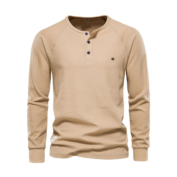 Khaki Herren-Henley-Shirt, Langarm, Baumwolle, Knopfleiste, Freizeitmode, Herbstbekleidung