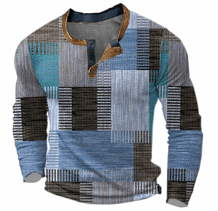 Langarmshirt Herren, Patchwork-Muster, Blau-Braun, Baumwolle, modisch, Freizeitkleidung