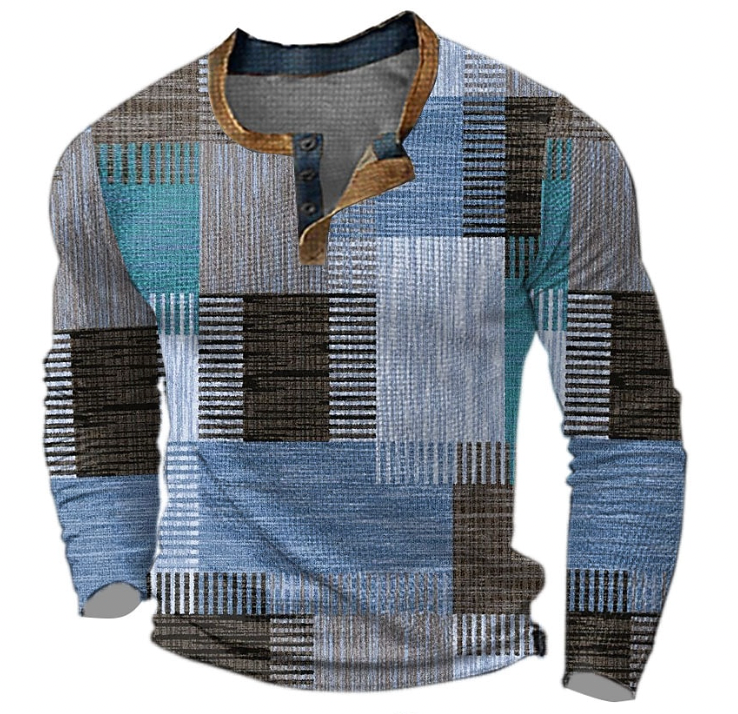 Langarmshirt Herren, Patchwork-Muster, Blau-Braun, Baumwolle, modisch, Freizeitkleidung