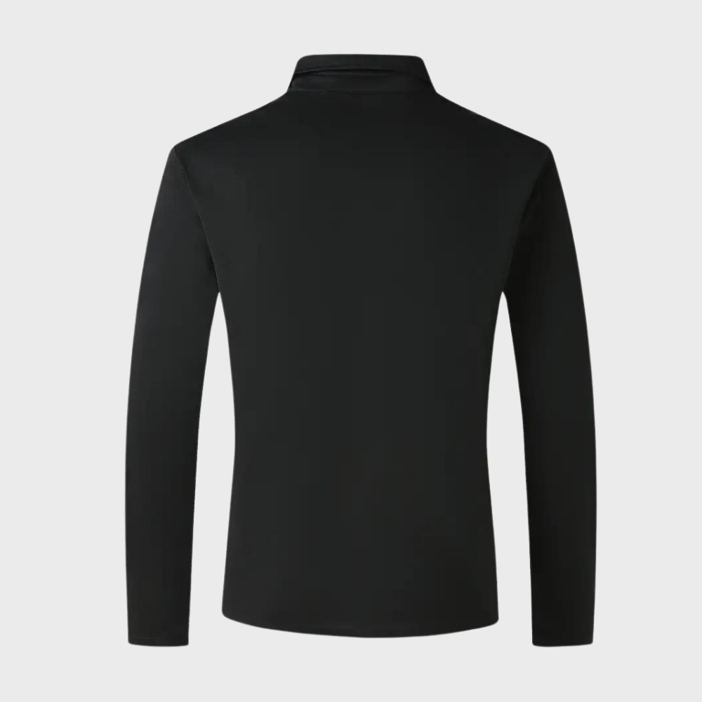 Schwarzes Langarmshirt für Herren, Rückansicht, aus Baumwolle, modisch, bequem.