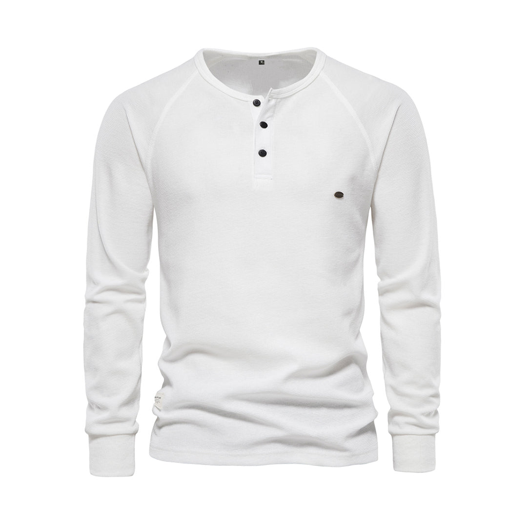 Weißes Herren-Henley-Shirt, Langarm, Baumwolle, Knopfleiste, Freizeitmode, klassisch.