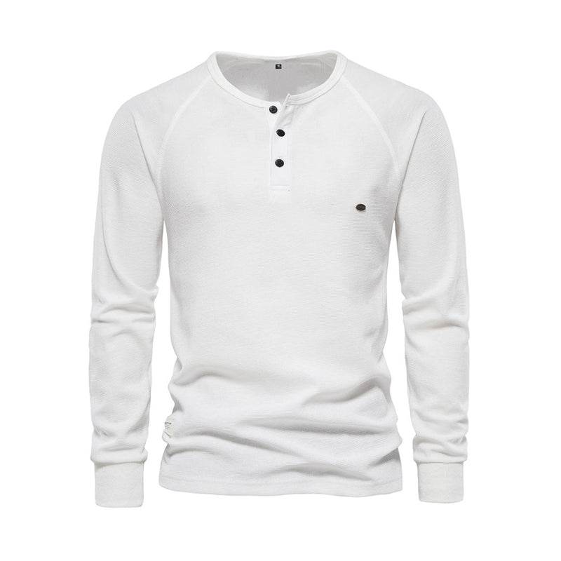 Weißes Herren-Henley-Shirt, Langarm, Baumwolle, Knopfleiste, Freizeitmode, klassisch.