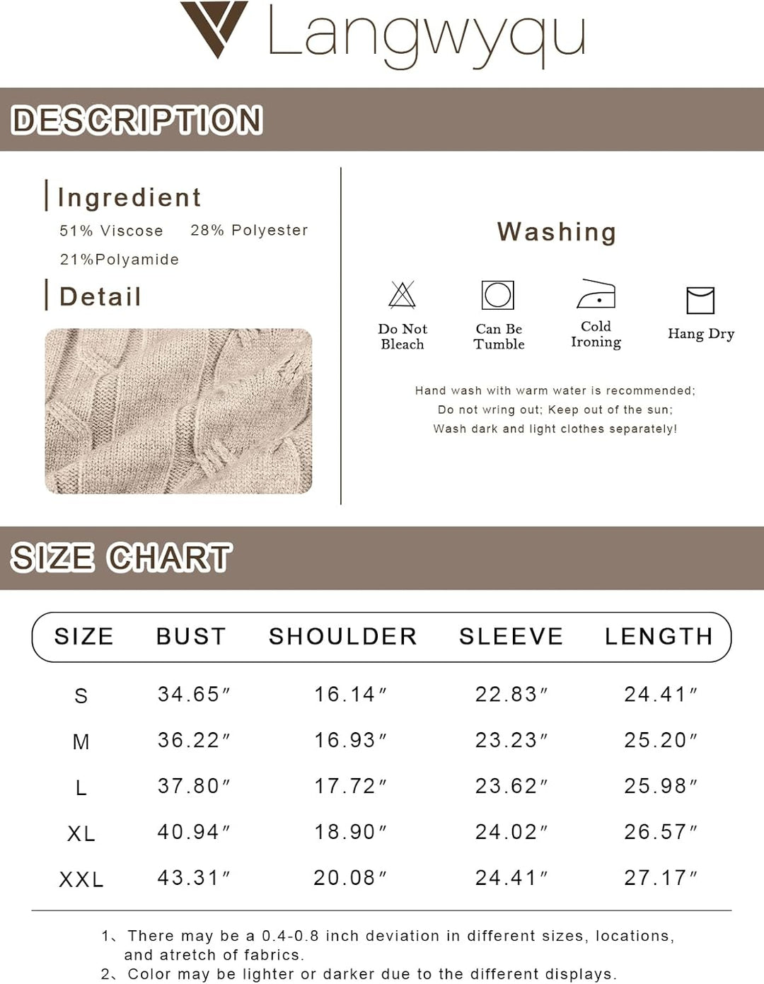 Beigefarbener Strickpullover aus Baumwolle und Polyester, Pflegehinweise, Größentabelle.