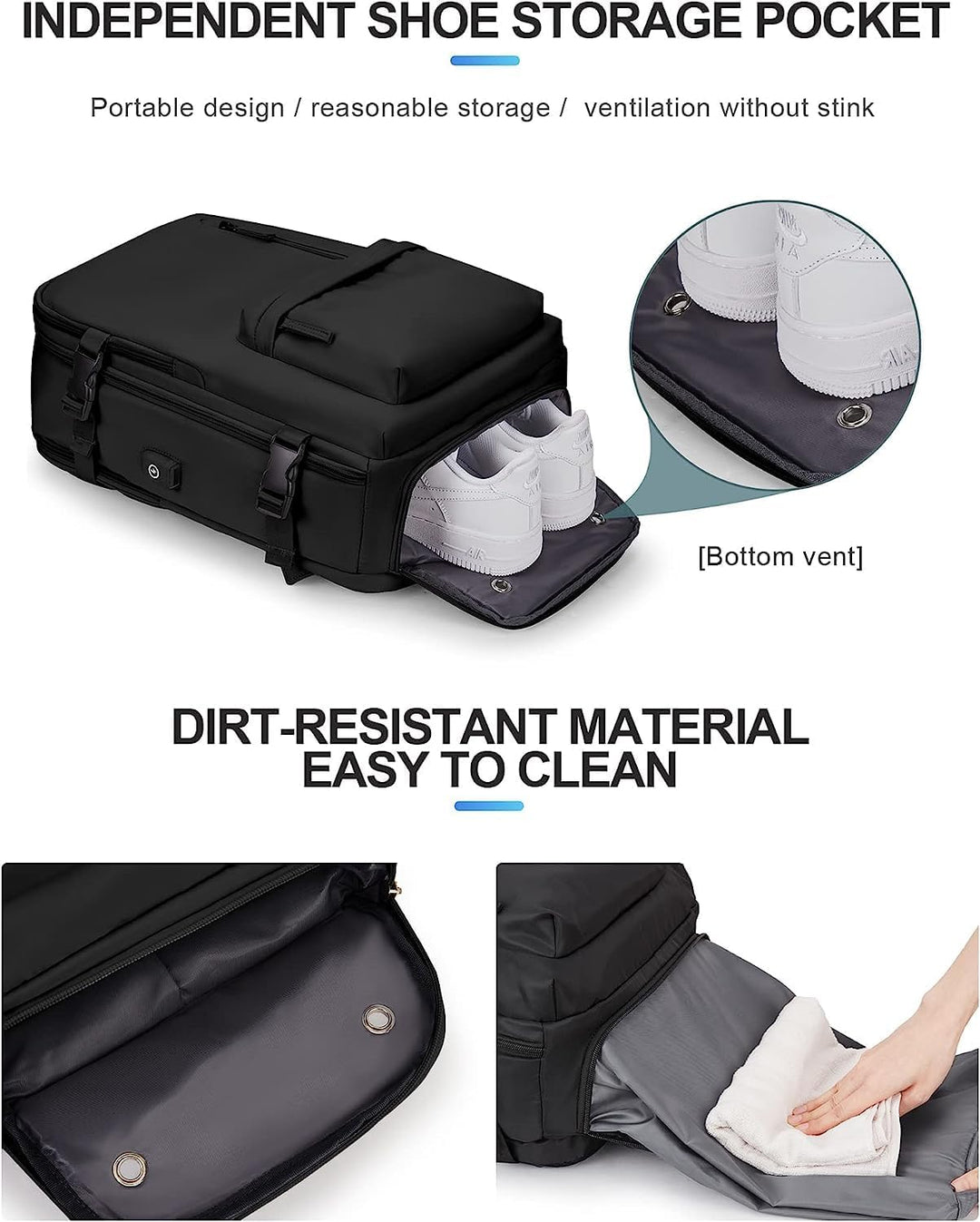 40L Wasserdichter Reiserucksack mit Schuhfach und USB-Anschluss – Geeignet für 14”-Laptops