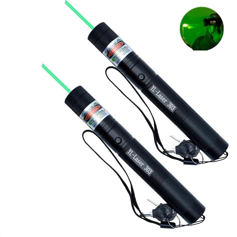 Zwei schwarze Laserpointer 303, grün, Hochleistung, mit Sicherheitsverschluss und Handschlaufe.