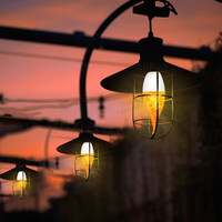 Drei schwarze Außenlampen mit warmem LED-Licht bei Sonnenuntergang, Vintage-Stil.