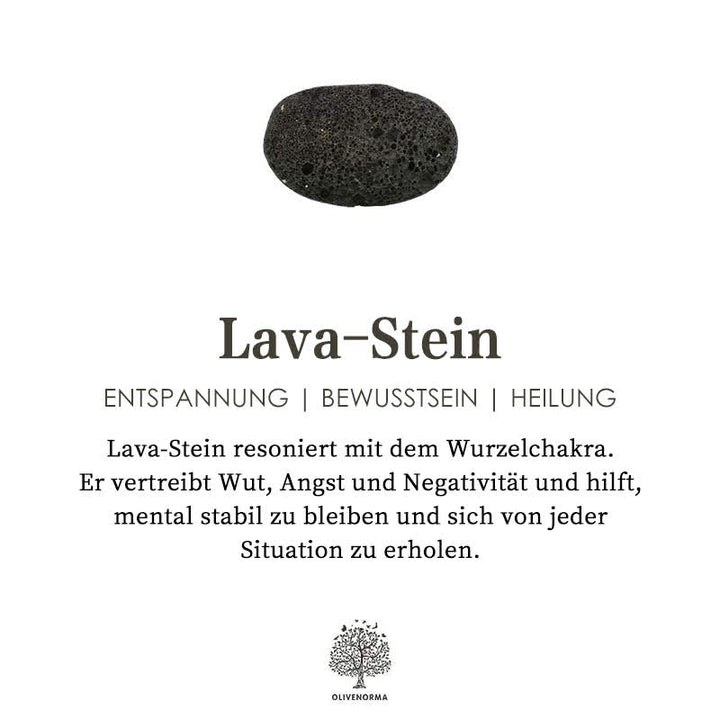 Lava-Stein schwarz, Entspannung, Bewusstsein, Heilung, Wurzelchakra, mental stabil, Olivenbaum.