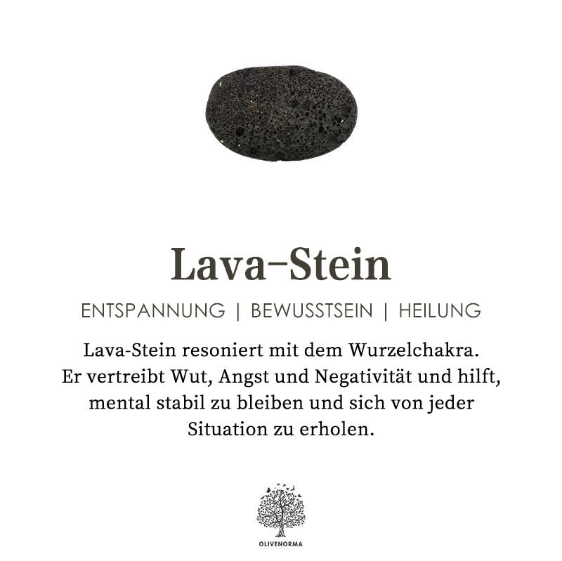 Lava-Stein schwarz, Entspannung, Bewusstsein, Heilung, Wurzelchakra, mental stabil, Olivenbaum.