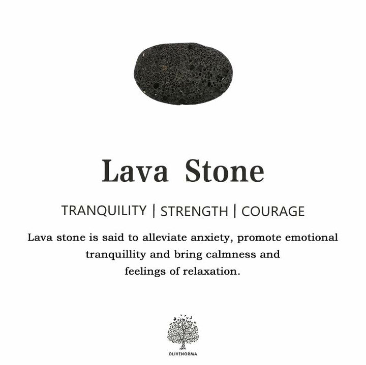 Schwarzer Lavastein, beruhigend, Stärke, Mut, emotionaler Ausgleich, Entspannung, Olivenbaum-Logo.