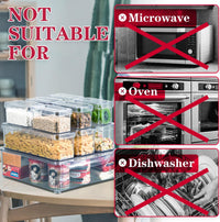 Kunststoff-Vorratsbehälter-Set, stapelbar, transparent, nicht mikrowellen- oder spülmaschinengeeignet.