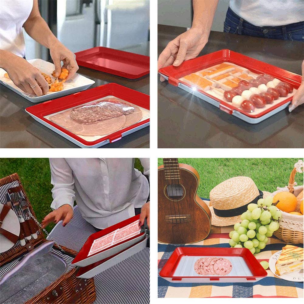 Roter Frischhaltebehälter für Lebensmittel, stapelbar, ideal für Picknick und Küche.