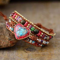 Boho Wickelarmband mit Herzanhänger, Jaspis, bunte Perlen, handgefertigt, Lederband.