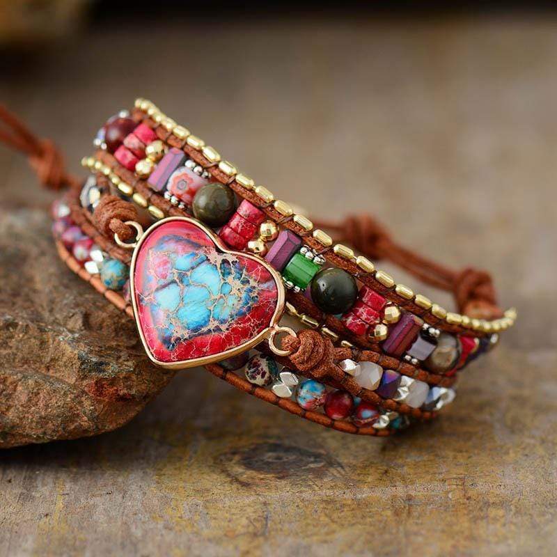 Boho Wickelarmband mit Herzanhänger, Jaspis, bunte Perlen, handgefertigt, Lederband.