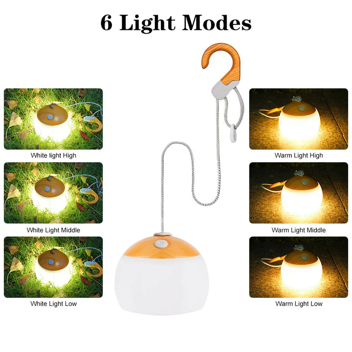 Tragbare LED-Campinglampe, 6 Lichtmodi, Holzoptik, Haken, Outdoor-Beleuchtung.
