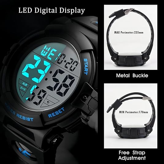 Schwarze LED-Digitaluhr mit Metallverschluss, wasserdicht, verstellbares Armband.