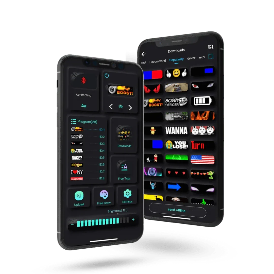 Zwei Smartphones mit LED-Display-App, anpassbare Grafiken, Schwarz, Technologie, Benutzeroberfläche.