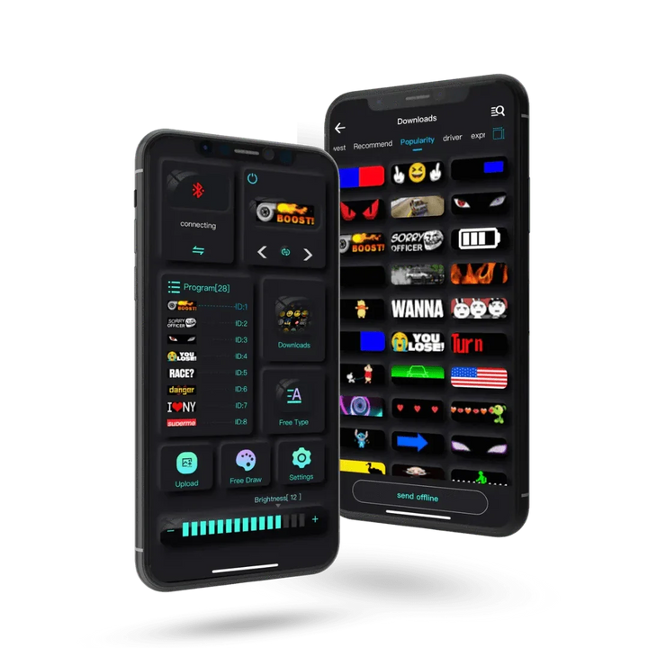 Zwei Smartphones mit LED-Display-App, anpassbare Grafiken, Schwarz, Technologie, Benutzeroberfläche.