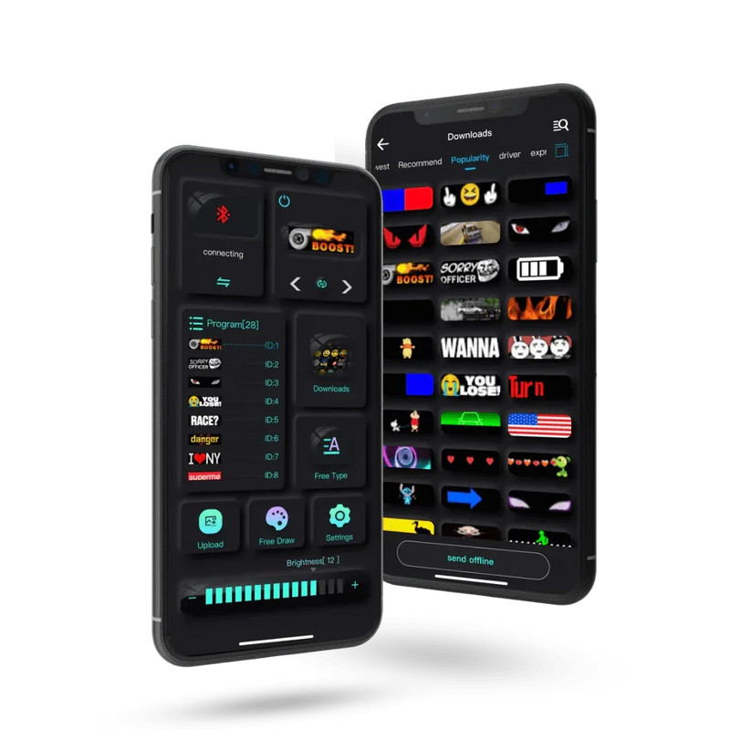 Zwei Smartphones mit LED-Display-App, anpassbare Grafiken, Schwarz, Technologie, Benutzeroberfläche.