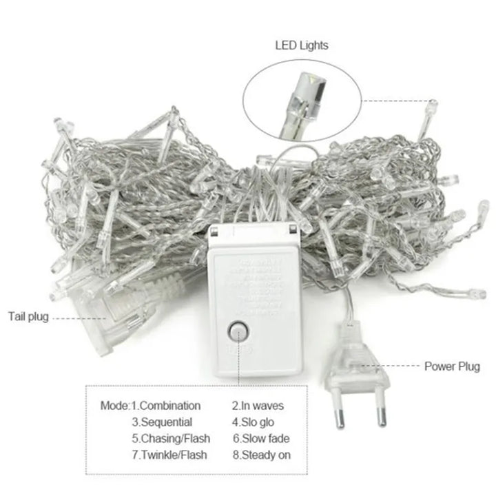 LED-Lichterkette mit 8 Modi, transparent, Netzstecker, Innen- und Außenbereich, energiesparend.