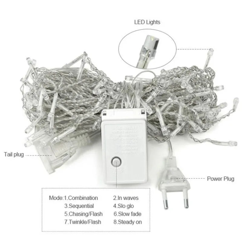 LED-Lichterkette mit 8 Modi, transparent, Netzstecker, Innen- und Außenbereich, energiesparend.