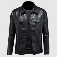 Schwarze Leder-Bikerjacke für Herren, klassisches Design, Knopfleiste, modisch und robust.