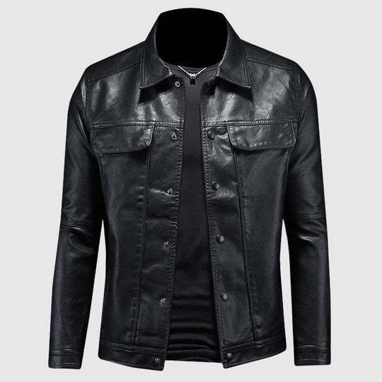 Schwarze Leder-Bikerjacke für Herren, klassisches Design, Knopfleiste, modisch und robust.