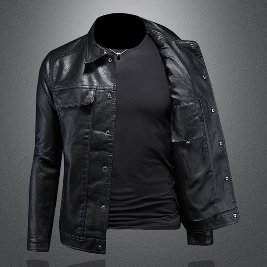 Schwarze Leder-Bikerjacke für Herren, klassisches Design, hochwertiges Material.