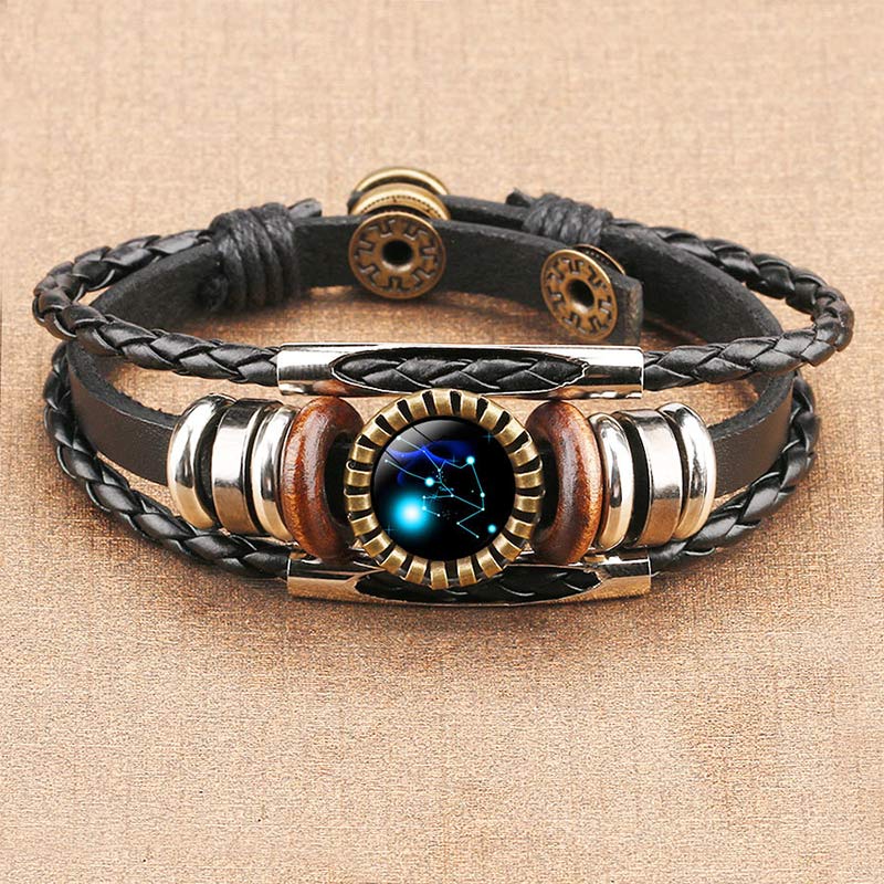 Schwarzes Lederarmband mit Sternzeichen-Anhänger, Vintage-Stil, verstellbar, Unisex.