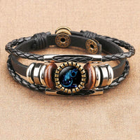 Vintage Lederarmband mit Sternzeichen-Design, geflochten, braun und schwarz, Unisex-Schmuck.