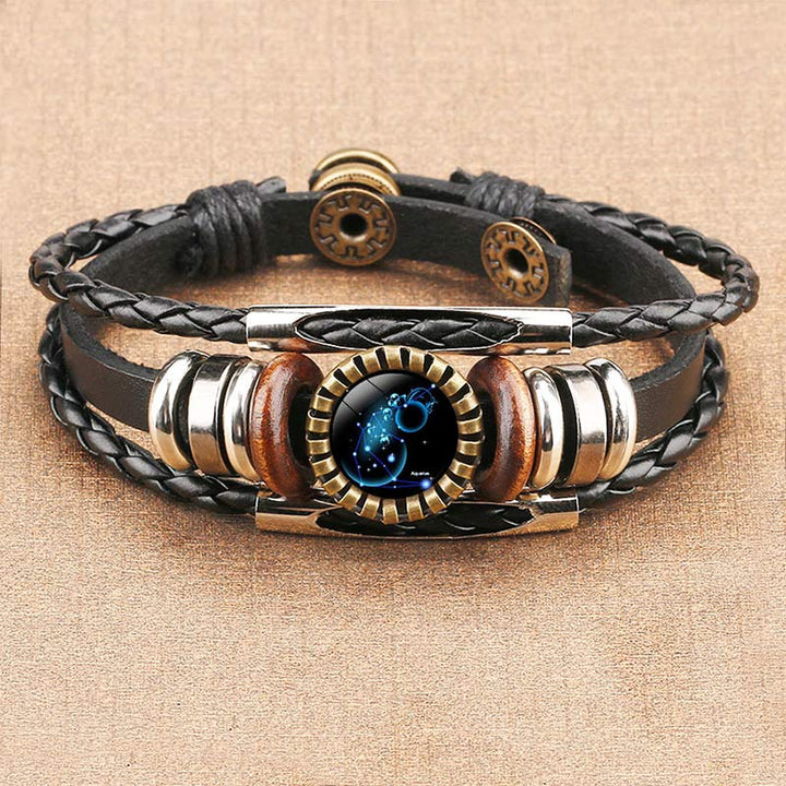 Vintage Lederarmband mit Sternzeichen-Design, geflochten, braun und schwarz, Unisex-Schmuck.