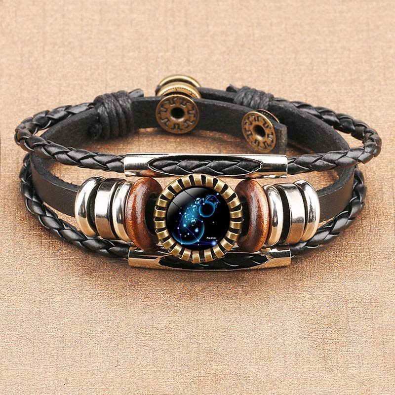 Vintage Lederarmband mit Sternzeichen-Design, geflochten, braun und schwarz, Unisex-Schmuck.