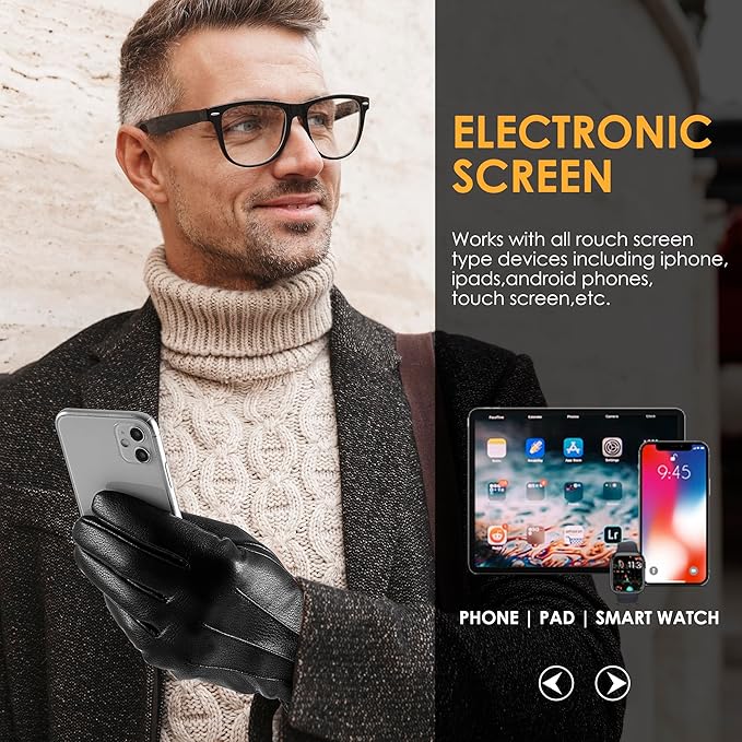 Mann mit Smartphone, trägt schwarze Touchscreen-Handschuhe, geeignet für iPhone und iPad.