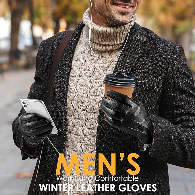 Männer Winter Lederhandschuhe, schwarz, warm, bequem, Smartphone-kompatibel, stilvoll.