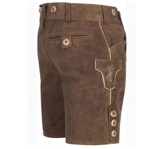 Braune Lederhose Herren, Trachtenmode, Stickerei, Knöpfe, traditionell, Oktoberfest, Kniebund.