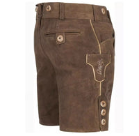Braune Lederhose Herren, Trachtenmode, Stickerei, Knöpfe, traditionell, Oktoberfest, Kniebund.