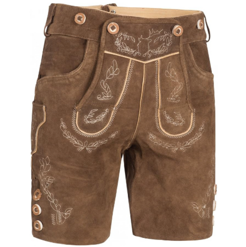 Braune Lederhose mit Stickerei, traditionell bayerisch, Trachtenmode, Herrenbekleidung.
