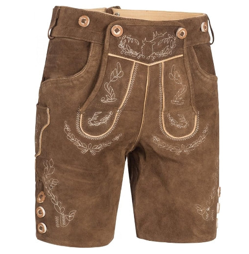 Braune Lederhose mit Stickerei, traditionell bayerisch, Trachtenmode, Herrenbekleidung.
