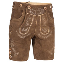 Braune Lederhose mit Stickerei, traditionell bayerisch, Trachtenmode, Herrenbekleidung.