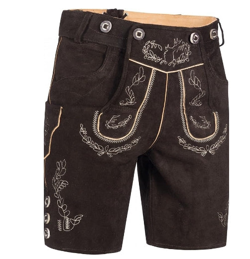Braune Lederhose mit Stickerei, traditionell, Trachtenmode, Herrenbekleidung, Oktoberfest.
