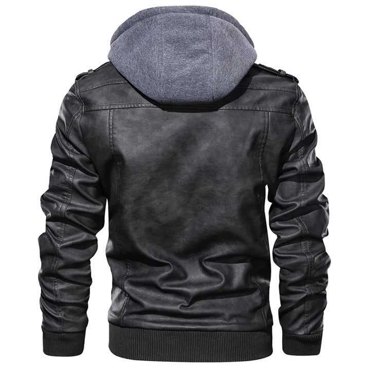 Schwarze Lederjacke mit grauer Kapuze, Herrenmode, stilvoll und modern, Rückansicht.