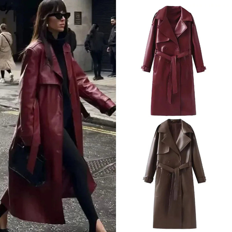 Damen-Ledertrenchcoat in Rot und Braun, stilvoller Herbstmantel, modische Oberbekleidung.