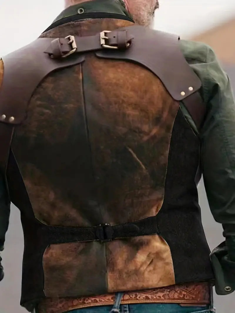 Braune Lederweste mit Schnallen, Vintage-Stil, Herrenmode, robustes Design, Outdoor-Bekleidung.