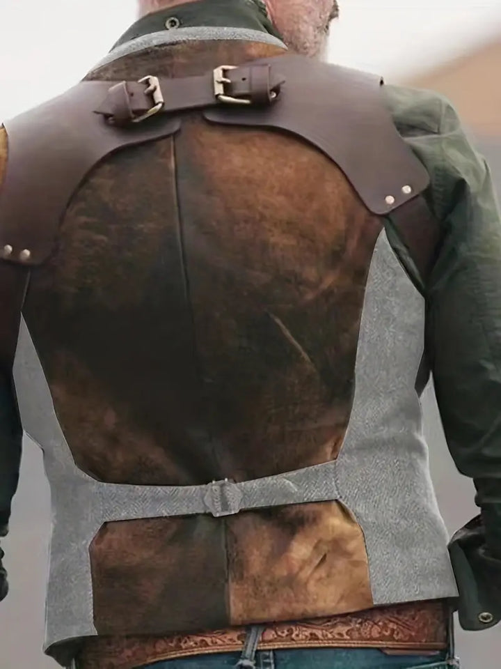 Braune Lederweste mit Schnallen, Vintage-Stil, Herrenmode, Rückansicht, robustes Design