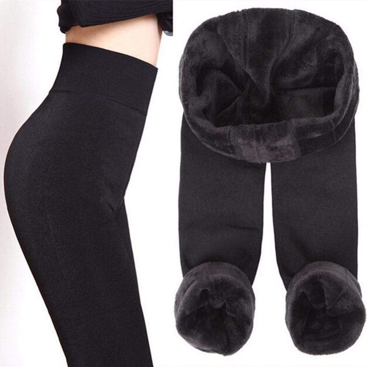 Schwarze Thermo-Leggings mit Fleece-Futter, hohe Taille, winterfest, Damenmode.