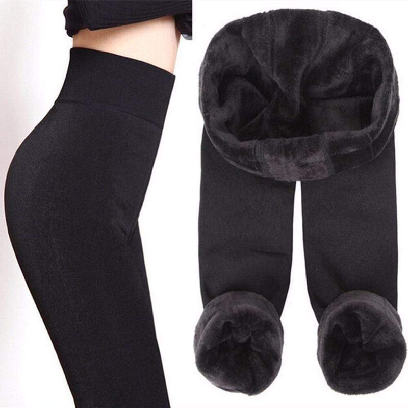 Schwarze Thermo-Leggings mit Fleece-Futter, hohe Taille, winterfest, Damenmode.