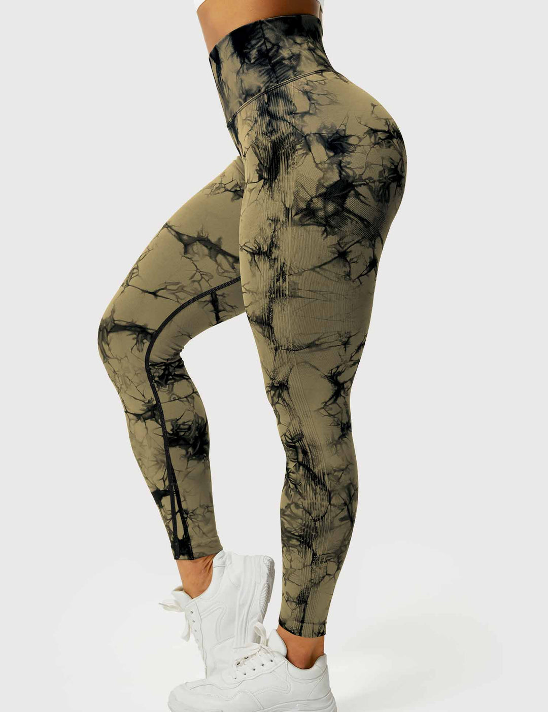 Damen Leggings braun, hoher Bund, Batikmuster, Sportbekleidung, Fitnessmode, elastisch