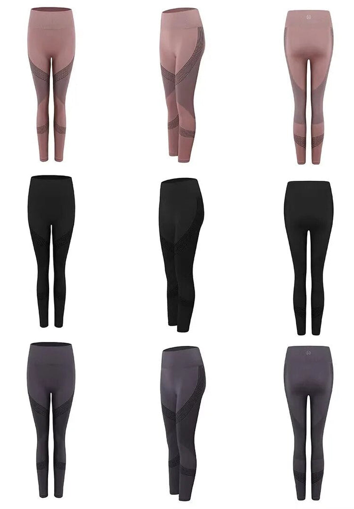 Neun Paar Damen-Leggings in Rosa, Schwarz und Grau, Sportbekleidung, elastisch, atmungsaktiv.